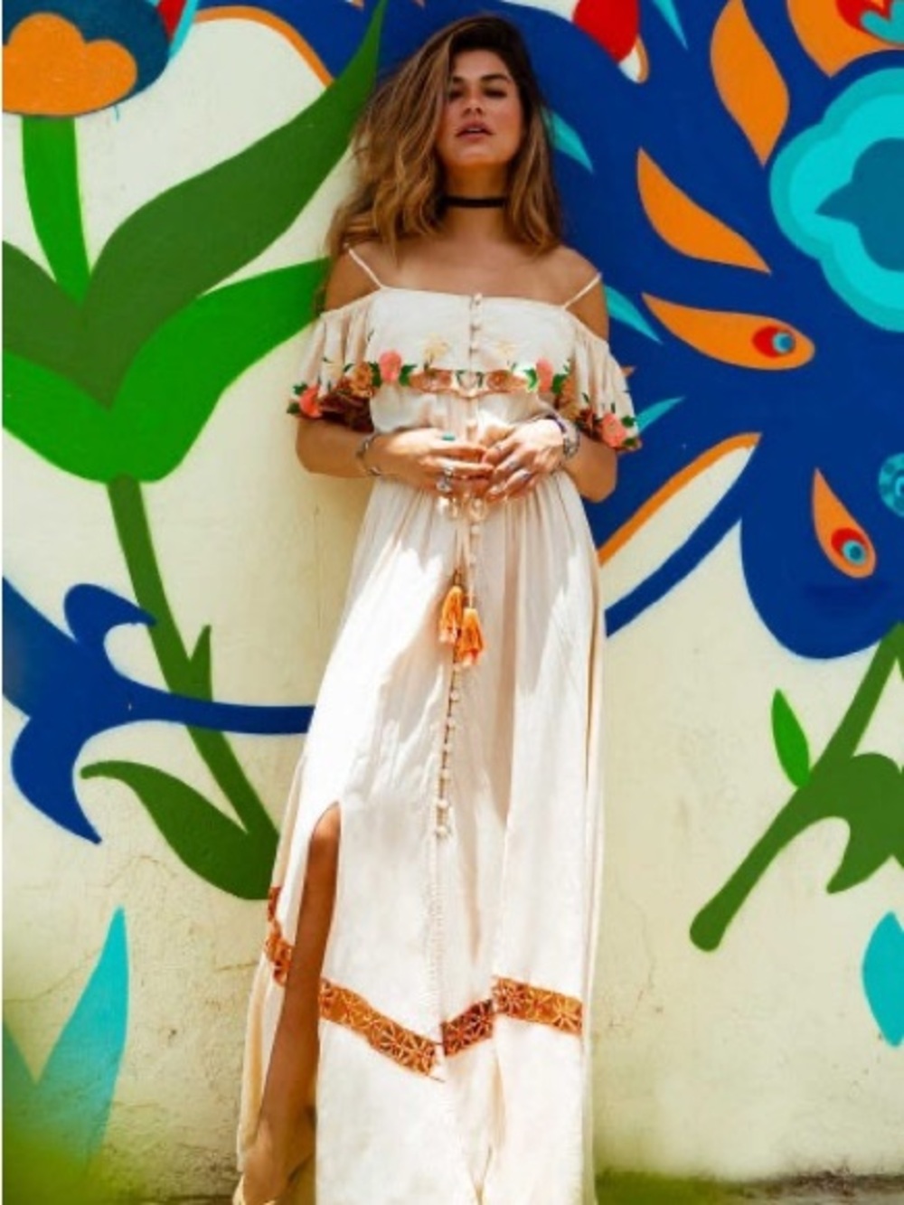 ZAIMARA Rosa Off The Shoulder Embroidered Boho Maxi Dress Gown S/M